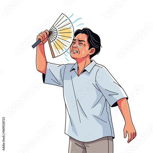 Man fanning himself in hot weather.