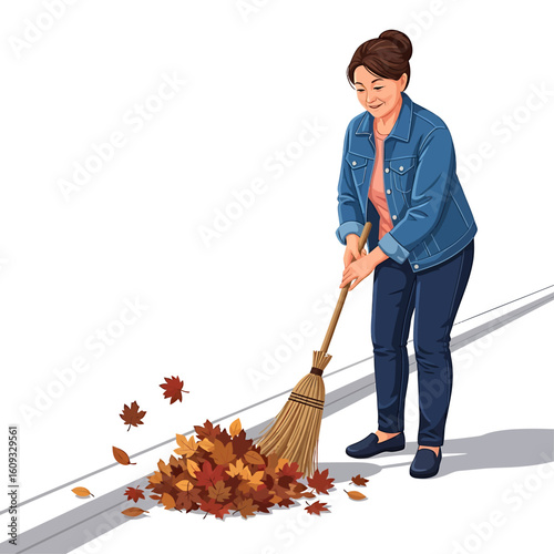Woman Sweeping Autumn Leaves Season Yard Work