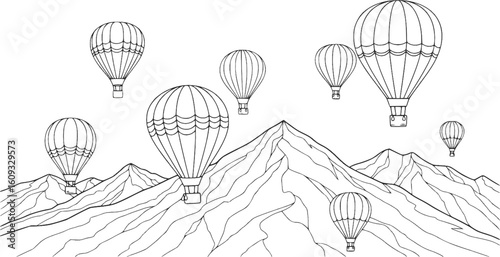 Hot air balloons over mountains - coloring page
