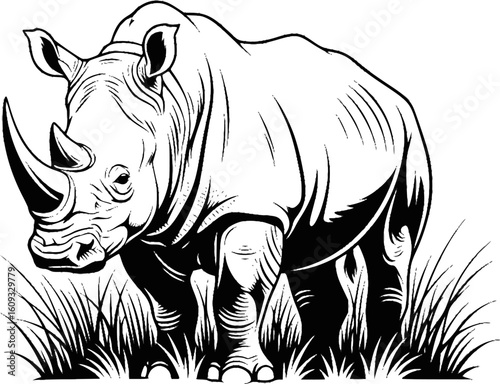 Line art drawing of a rhinoceros in tall grass. EPS Vecror
