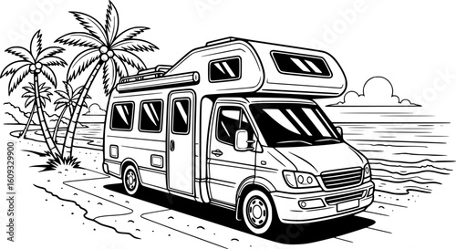 Tropical beach camper van illustration, ocean view, coloring page, Vector EPS