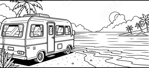 Tropical beach camper van illustration, ocean view, coloring page, Vector EPS