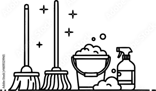 Cleaning supplies broom, mop, bucket, soapy water. Background sparkling clean. Use cleaning service ad, EPS Vector