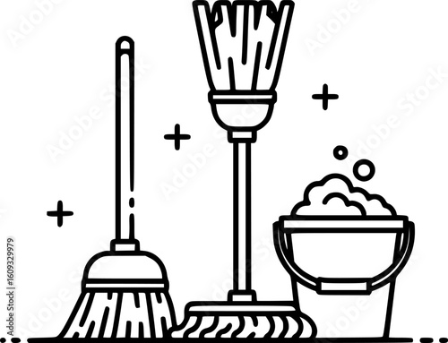 Cleaning supplies broom, mop, bucket, soapy water. Background sparkling clean. Use cleaning service ad, EPS Vector