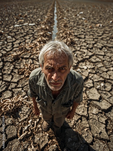A man standing in a dry cracked field with a stream of water running through the center of the frame