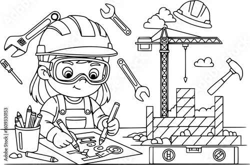 Child engineer coloring page, construction tools, career
