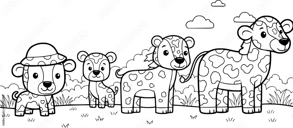 Obraz premium Cute cartoon safari animals in black and white.EPS Vector