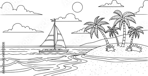 Tropical island beach scene, sailboat, hand-drawn, coloring page, EPS Vector.