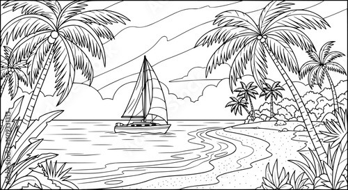 Tropical island beach scene, sailboat, hand-drawn, coloring page, EPS Vector.