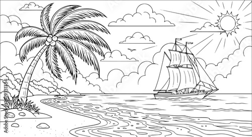 Tropical island beach scene, sailboat, hand-drawn, coloring page, EPS Vector.