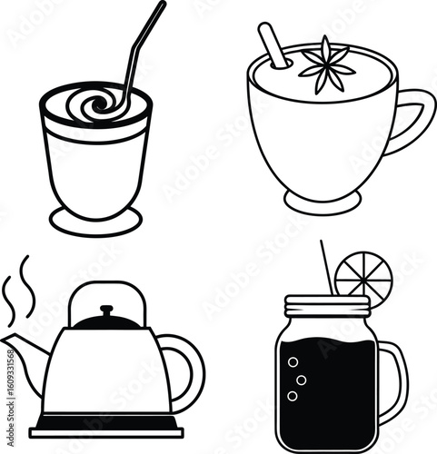 Collection of coffee and tea related items in a distinctive silhouette style