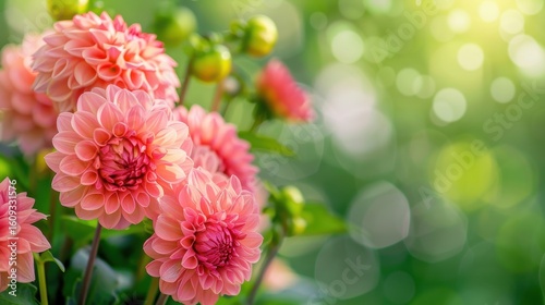Close-up view of delicate pink dahlia flowers in a garden, bathed in soft sunlight