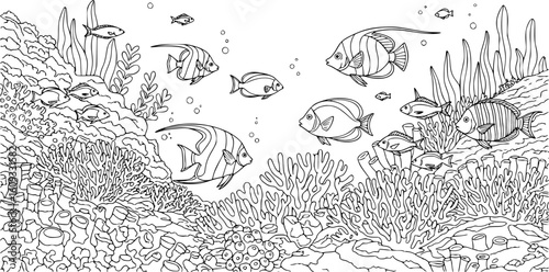 Fish swim near coral reef, with plants in the background, for coloring book, art, EPS Vector.