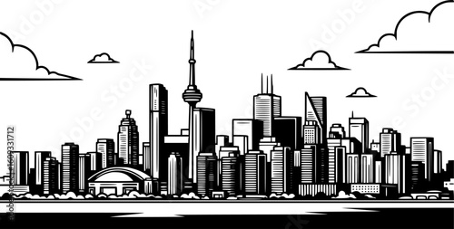 Cityscape sketch, Toronto skyline, daytime clouds, urban design, illustration, EPS Vector.