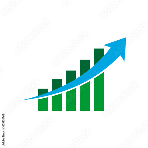 Blue rising arrow with gradually increasing green bar sizes, logo for stock market companies, courses selling, icon of success.   