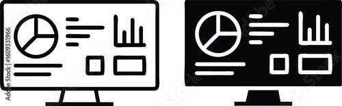 Analytics Dashboard with Charts on Screen Icon in Black and White – Data Visualization Vector Illustration