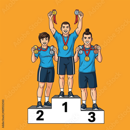 Three athletes on a podium, celebrating their victory with medals.