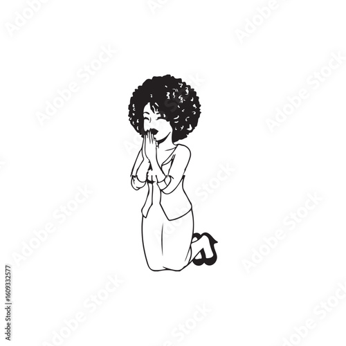 Curly-Haired Girl Begging – Minimalist Line Drawing