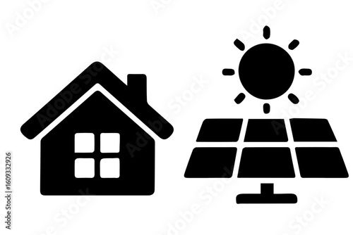 SOLAR PANNEL, SUN AND HOUSE SILHOUETTE