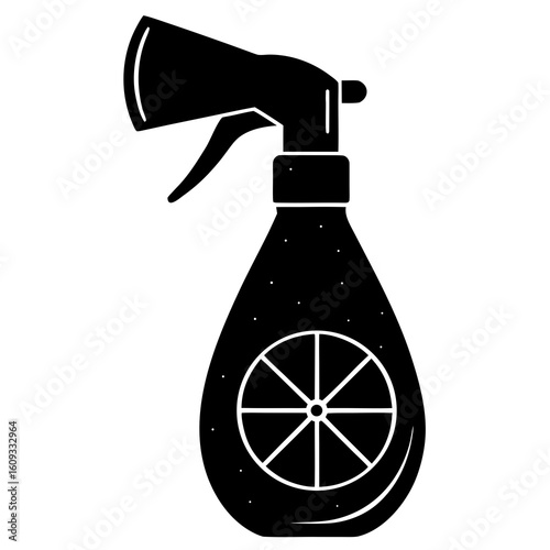 Black silhouette of a spray bottle with a lemon slice inside
