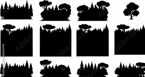 Seamless landscape. Seamless forest landscape. Vector illustration. Layered trees background. Outdoor and hiking concept.
