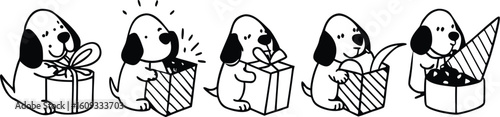Five cartoon dogs interacting with gift boxes and treats puppy illustration