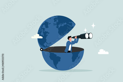 World economic vision or international opportunity for business, work or investment, searching for oversea business concept, smart businessman open globe using binoculars looking for future vision.
