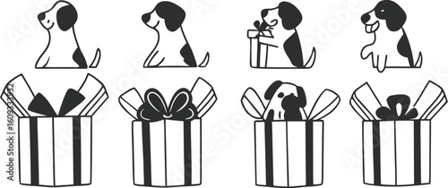Four cartoon black and white dogs peeking out of gift boxes puppy present