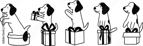 Five cartoon dogs in different poses with gift boxes and bows puppy present