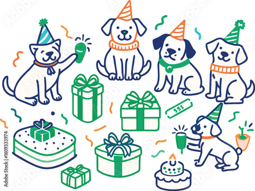 Five dogs celebrating with party hats gifts and confetti puppy birthday