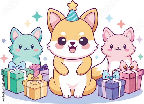 Three cute cartoon dogs wearing party hats surrounded by colorful gift boxes puppy kawaii