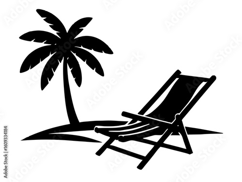 Tropical beach palm tree deck chair summer silhouette vector illustration