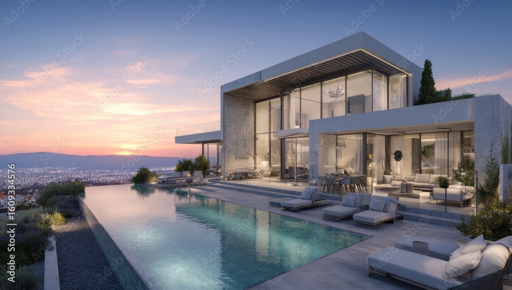 Fototapeta premium Luxurious modern villa with infinity pool overlooks a scenic cityscape at sunset, offering a tranquil and sophisticated lifestyle.