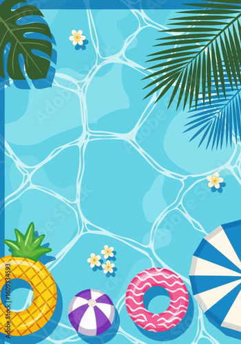 Top-Down Vector Illustration of a Tropical Summer Pool Scene with Inflatable Pineapple Float, Pink Swim Ring, Floral Decor, and Blue Striped Umbrella