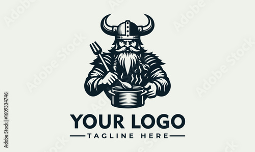 A strong Viking chef cooks in a pot, holding utensils, ready to serve.