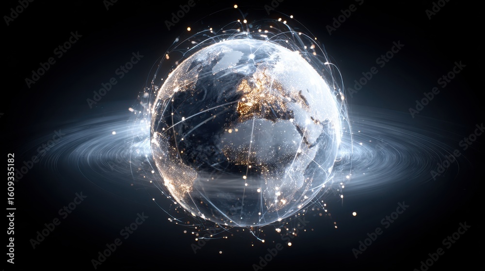 Naklejka premium Glowing Earth with Connected Lines in Dark Space Background