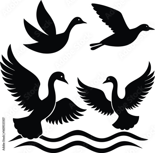 Set of elegant waterfowl silhouettes, featuring flying swans and geese on water waves.