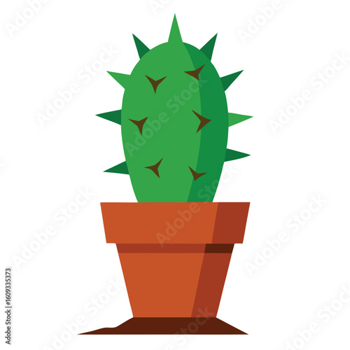 A detailed illustration of a spiky green cactus in a cracked terracotta pot with loose soil spilling onto a white background