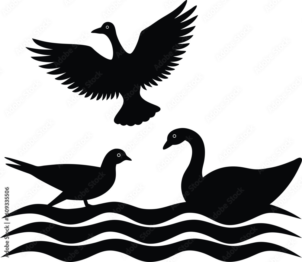 Fototapeta premium Bird Silhouettes Bundle Flying, Swimming, and Standing Avian Vector Art Collection.