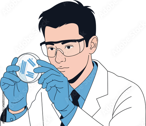 Minimalist Flat Vector Illustration of a Male Scientist Wearing Safety Glasses and Gloves While Examining a Petri Dish in a Laboratory