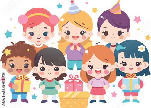Diverse group of happy cartoon children celebrating with gifts and party hats kids