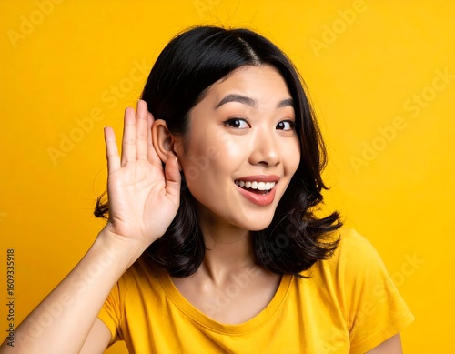 Young asian woman holding hand near ear and listening intently on yellow background