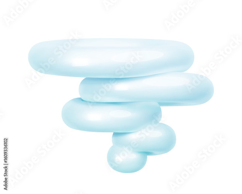 Realistic glossy 3d tornado hurricane icon. Blue plastic twister isolated on white background. Rounded bubble spiral vortex shape for weather forecast. Trendy cute elements. Vector illustration