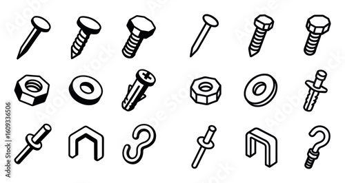 Isometric Fastener Icons Grid