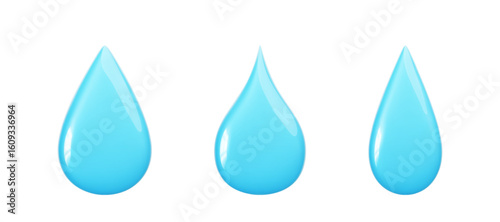 Set of glossy bubble 3d water drop icons in realistic style. Blue plastic drops isolated on white background. Rounded droplet shapes for weather forecast. Trendy cute elements. Vector illustration