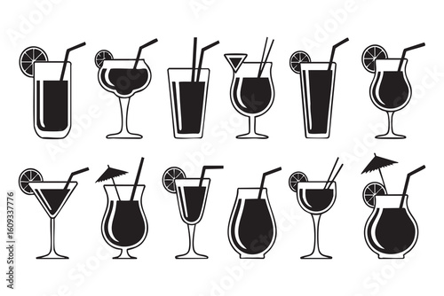Assorted alcoholic and nonalcoholic beverages with garnishes and straws cocktail drink
