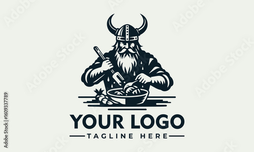A strong Viking chef cooks in a pot, holding utensils, ready to serve.
