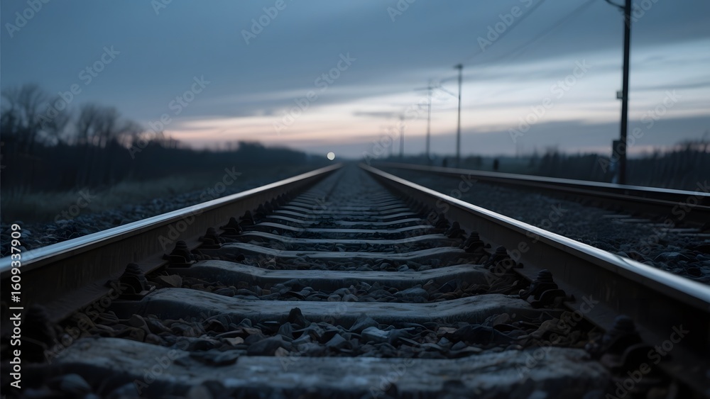 Fototapeta premium Railway Tracks Stretching into the Distant Horizon at Dusk