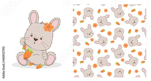 Adorable bunny with a flower, holding carrots in a playful pose. Vector illustration for children s design, featuring a seamless pattern of bunnies and carrots in pastel colors.