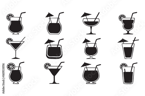 Assorted tropical beverages with garnishes and straws cocktail drink